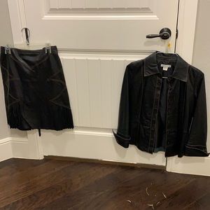 Black leather jacket and skirt with Fringe details